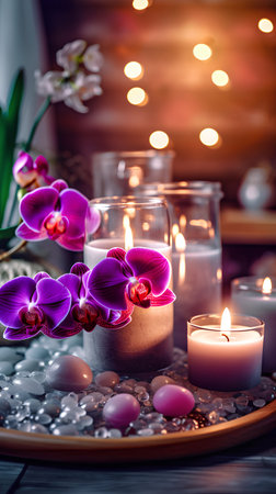 Spa still life with burning candles and orchid flowers on wooden backgroundの素材