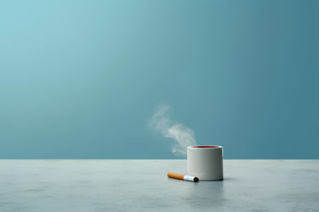 Cigarette and cup of coffee on table with blue wall backgroundの素材