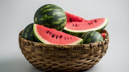 Watermelon in a wicker basket on a white background, close-upの素材
