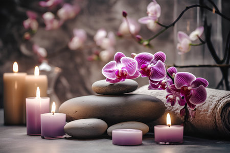Spa still life with zen stones, orchid flowers and burning candlesの素材