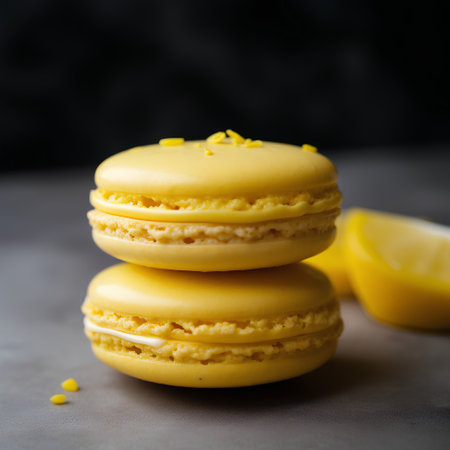 Yellow macaroon on a gray background. Selective focus.の素材