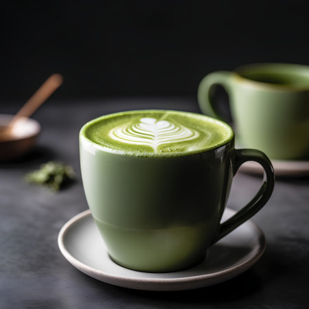 Green tea matcha latte with latte art on black backgroundの素材