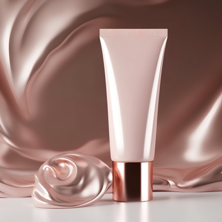 Cosmetic cream tube on silk background. 3d render illustration.の素材