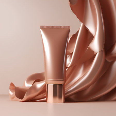 3d render of cosmetic cream tube with golden satin cloth backgroundの素材