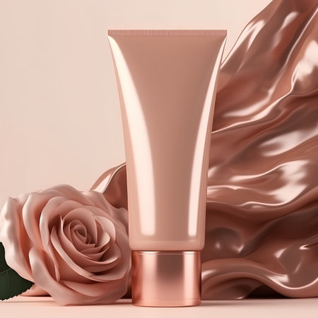 3d render of cosmetic cream bottle with rose on a light backgroundの素材