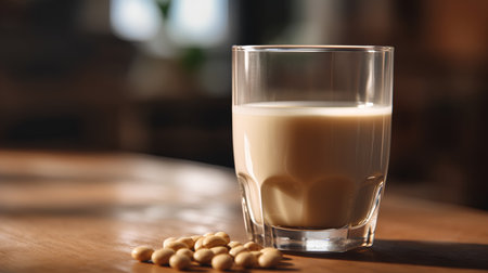 A glass of soy milk with soy beans on a wooden table.の素材