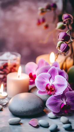 Spa still life with orchid flower, candles and pebblesの素材