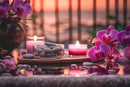 Spa still life with candles, orchid flowers and massage stonesの素材