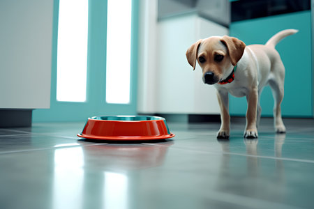 Cute dog and bowl of food in vet clinic. Pet care conceptの素材