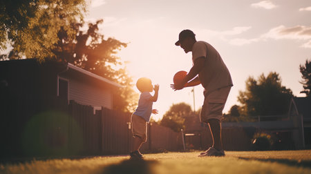 Father and son playing basketball in the backyard of their house at sunset.の素材