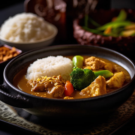 Rice with curry and chicken in a bowl on a black backgroundの素材
