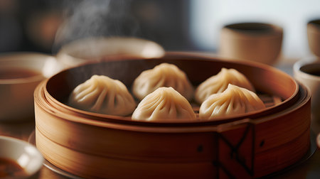 Steamed dumplings in a bamboo steamer, closeupの素材