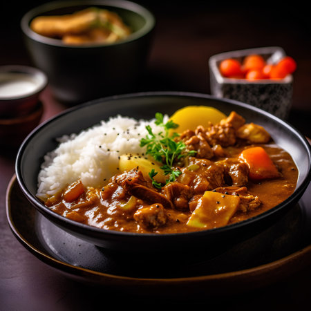 Japanese curry rice with pork and vegetables on dark background. Selective focus.の素材
