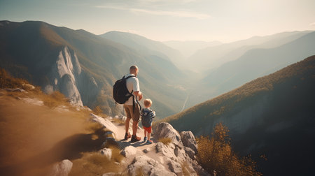 Father and son hiking in mountains at sunset. Traveling with children conceptの素材