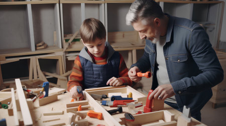 Father and son playing with wooden toys in the workshop. Father teaches his son to playの素材