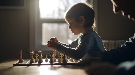 Cute little girl playing chess with her father at home. Family, childhood, leisure conceptの素材