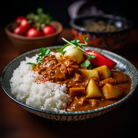 Pork curry with rice and vegetables on a dark background. Selective focusの素材