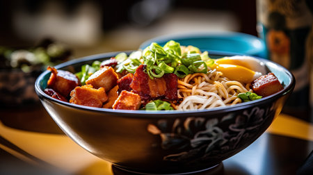 Bowl of Asian noodles with pork and egg on wooden table.の素材