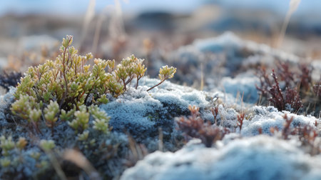 Close up of moss in the snow. Shallow depth of field.の素材