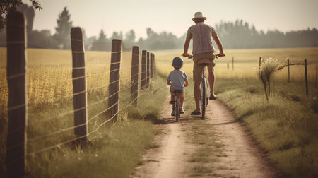Happy father and son riding bicycle in the field at sunset. Happy family concept.の素材