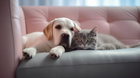 Labrador Retriever and cat lying together on sofa at homeの素材