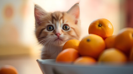 Cute little kitten with oranges in a bowl. Selective focus.の素材