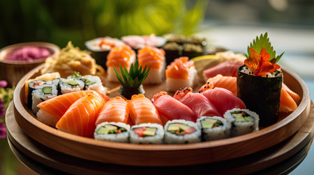 Sushi set in a wooden plate on a green background. Japanese foodの素材