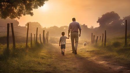 Father and son walking in the countryside at sunset. Concept of friendly family.の素材
