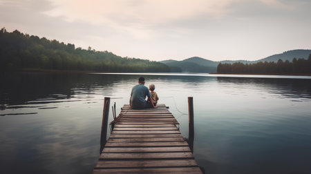 Young man sitting on a wooden pier and looking at the lake.の素材