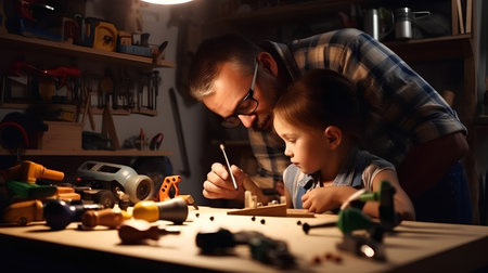 Father and son playing with wooden toys at home. Focus on manの素材