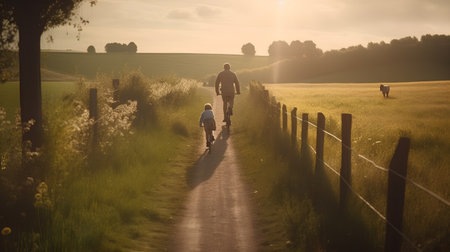 Cyclists on a country road at sunset, with a dogの素材