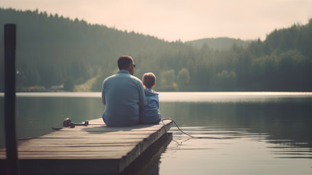 Father and son sitting on a pier by a lake in the mountainsの素材