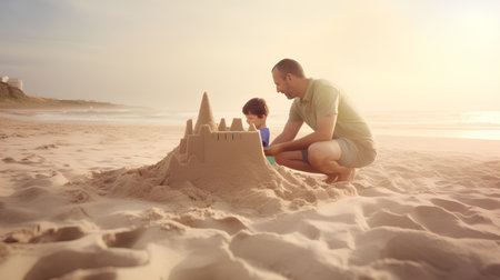Father and son building sand castle on the beach at sunset time.の素材