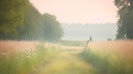 Beautiful summer landscape with meadow and trees. Vintage style.の素材