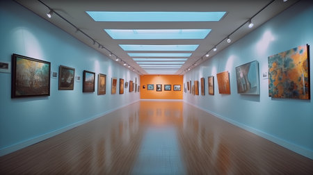 Interior of a museum with paintings on the wall, 3d renderの素材