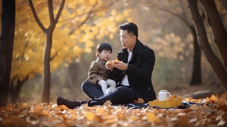 father and son having picnic in the autumn park with yellow maple leavesの素材
