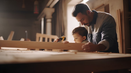 Father and son working together in a carpentry workshop. Focus on the boyの素材