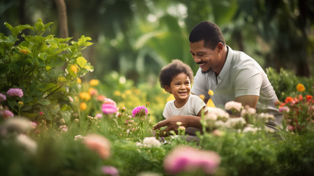 Father and son planting flowers in the garden. Concept of happy familyの素材