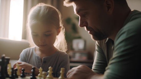 Father and daughter playing chess at home. Concept of family, childhood, leisure activityの素材