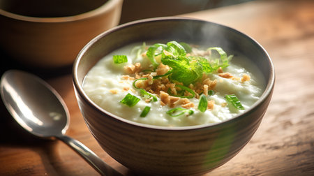 Rice porridge with green onions in a bowl on a wooden tableの素材