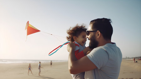 Father and son playing with kite on the beach. Concept of friendly family.の素材