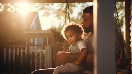 African American father playing with his little daughter on a swing at sunsetの素材