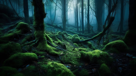 Mysterious dark forest with fog and moss on the ground.の素材