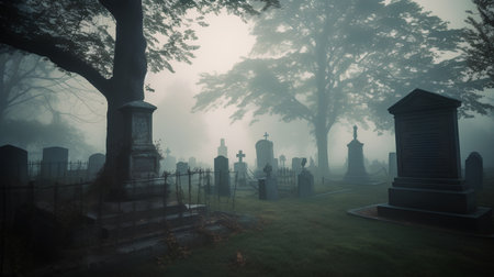 Gravestones in a misty graveyard, Halloween background with copy spaceの素材