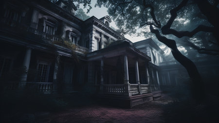 Old mansion in the fog. Halloween concept. 3D Renderingの素材