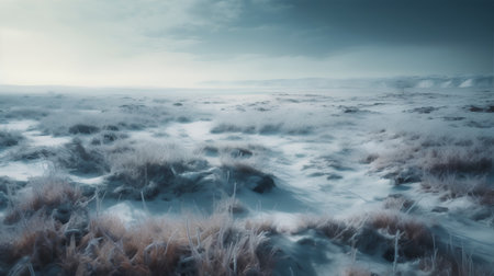 Winter landscape with frozen grass on the meadow. Dramatic sky.の素材