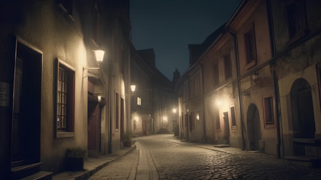 Old street at night in the city of Riga, Latvia.の素材