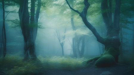 Fantasy forest in a foggy day, 3d digitally rendered illustrationの素材