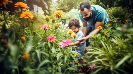 Father and son planting flowers in the garden. Concept of friendly family.の素材