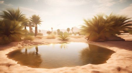 Sand desert with palm trees and pond at sunset. 3d renderingの素材